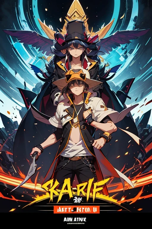 um homem com longos cabelos ruivos, a yellow coat and sunglasses and a disc on his left arm alone, Traje real de Akira, Gatilho Estilo de Arte de Anime, guilty gear strive splash art, arte chave do anime, Arte Oficial, Parte Brando, arte oficial altamente detalhada, Estilo de arte Guilty Gear, Epic anime style, KDA, better arms, mais detalhes roxos e azuis, Yu-Gi-Oh estilo arte, egyptian setting,