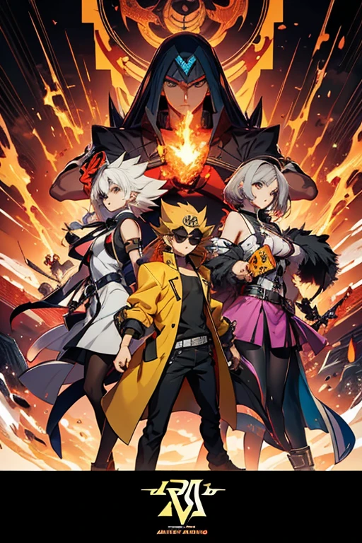 um homem com longos cabelos ruivos, a yellow coat and sunglasses and a disc on his left arm alone, Traje real de Akira, Gatilho Estilo de Arte de Anime, guilty gear strive splash art, arte chave do anime, Arte Oficial, Parte Brando, arte oficial altamente detalhada, Estilo de arte Guilty Gear, Epic anime style, KDA, better arms, mais detalhes roxos e azuis, Yu-Gi-Oh estilo arte, egyptian setting,