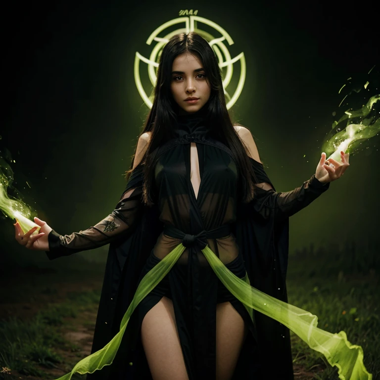 death in the form of a young beautiful girl surrounded by a green aura wearing only a black completely transparent robe reaps souls on the battlefield