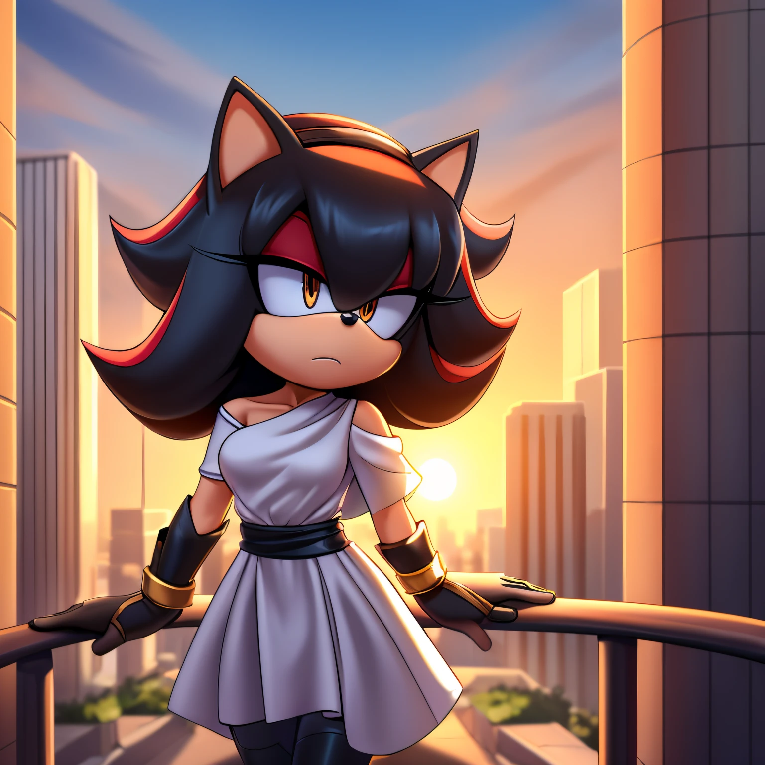 Mobian, female, hedgehog similar to Shadow the Hedgehog but female, ((NO red)), feminine eyelashes, medium breasts, hair bangs, perfect feminine figure, intricate details,(detailed background:1.3), anime style, city street, sharp focus, serious, standing, furry female, (solo), sundown, hair over one eye, ((short white one-shoulder dress with a gray undershirt)), long white wrist-guards, a black sash belt, ((gray tights)), best quality