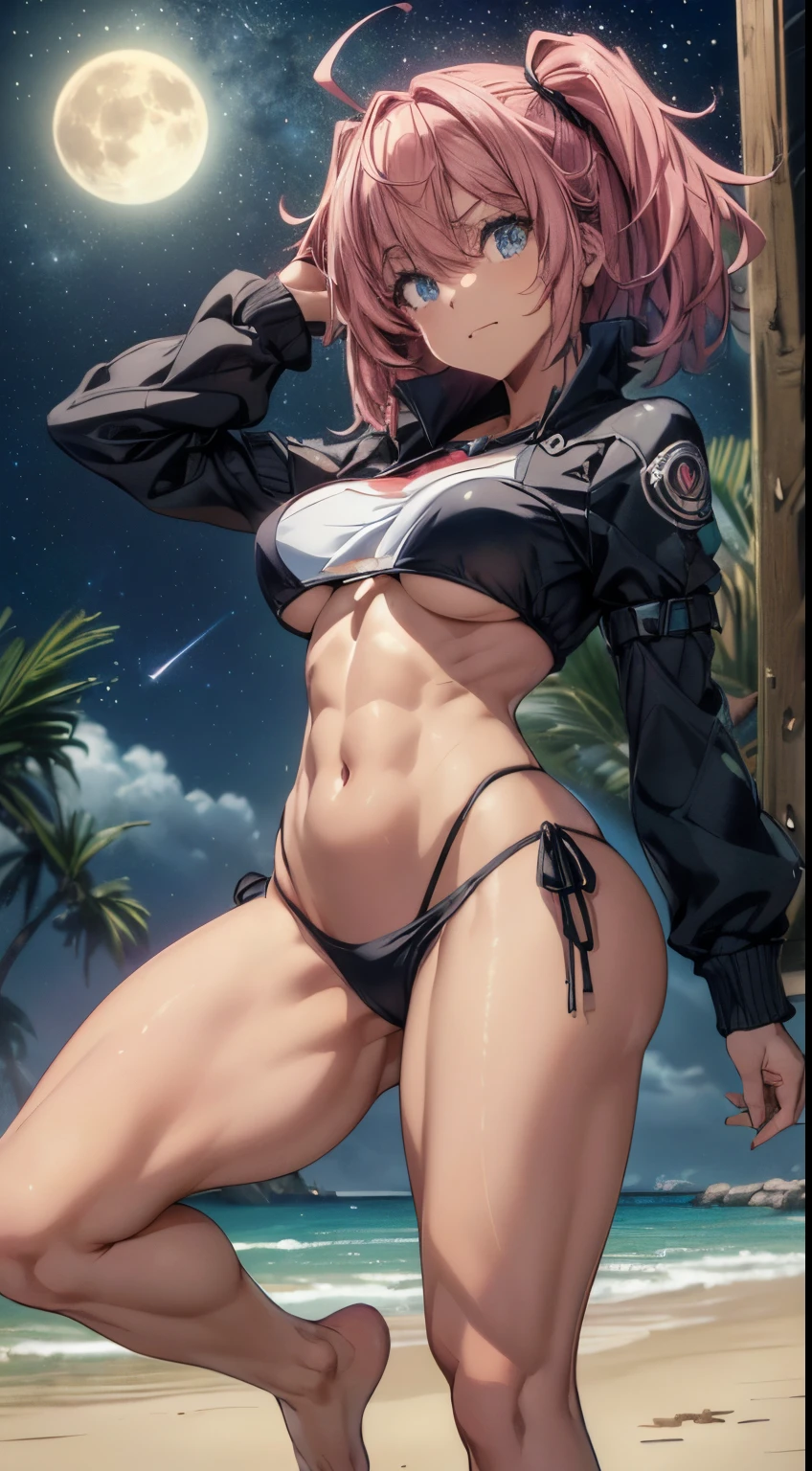 1 girl, (medium breasts))), (((wearing a short bikini))), (cabelo rosa longo), (((olhos azuis))), (on the beach at night with starry sky and full blood moon), (cintura fina), (barriga leguscular muscular fina, bare feet, (((De frente para mim))), (foto de corpo inteiro), Caudas duplas, Olhos Longos, Reflexo ocular, mau humor, anime, estilo anime, ray tracing, brilhar, sombra projetada, panorama, Sony FE, 8k, UDisk, piece of master, preciso, anatomicamente correto, Super Detalhe, best quality, ultra high-resolution, Hard disk, 16k