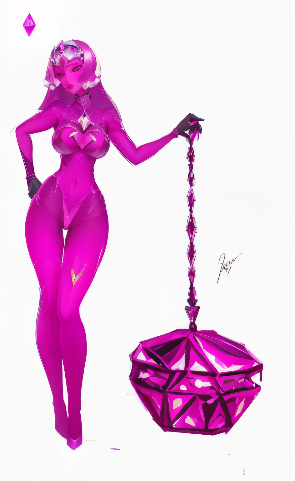 mulher araffe em uma roupa rosa brilhante segurando um diamante, Garnet, Steven Universe, fuchsia skin beneath the armor, fuchsia skin below the armor, pink iconic character, fuchsia skin, pele fuschia, corpo rosa, painting of one health potion, rossdraw desenho animado vibrante, Princesa de Ametista, shalltear from overlord, corpo roxo