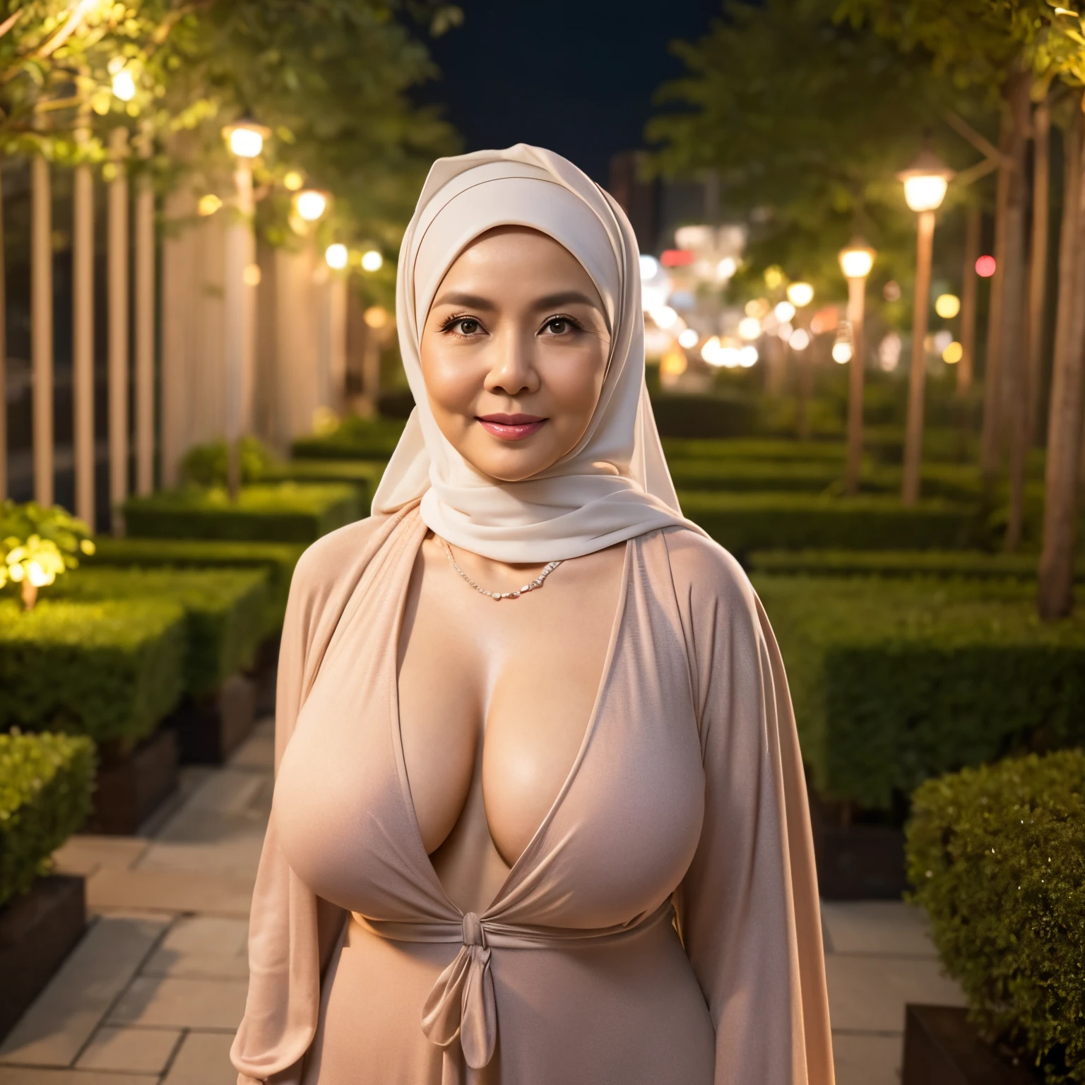 58 Years old, Indonesian mature woman, wearing Wide Hijab, perfect curvy body, natural Gigantic breast : 66.9, gorgeous eyes, Soft smile, Naked body, Diamond Necklace, Nightime walk, City garden, Excellent lighting, Light colors, Clean Lines