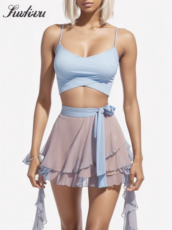 solo full shot of a very attractive ((brown skin young woman ))she beautiful and petite (( wearing a Layered pink and blue chiffon sexy top and skirt )) tiny waist, ((lifelike skin texture)) ((very detailed image )) she has a petite figure ((stunning eyes and a sharp nose)) a perfect ((blonde white hair))UHD, a Masterpiece,Realistic textures,(( hyper-realistic)), 8k, photorealistic, XT3 grain,Fujifilm((ines c dos santos)) standing in a (( street pavement ))((sexy trending outfit )) black top