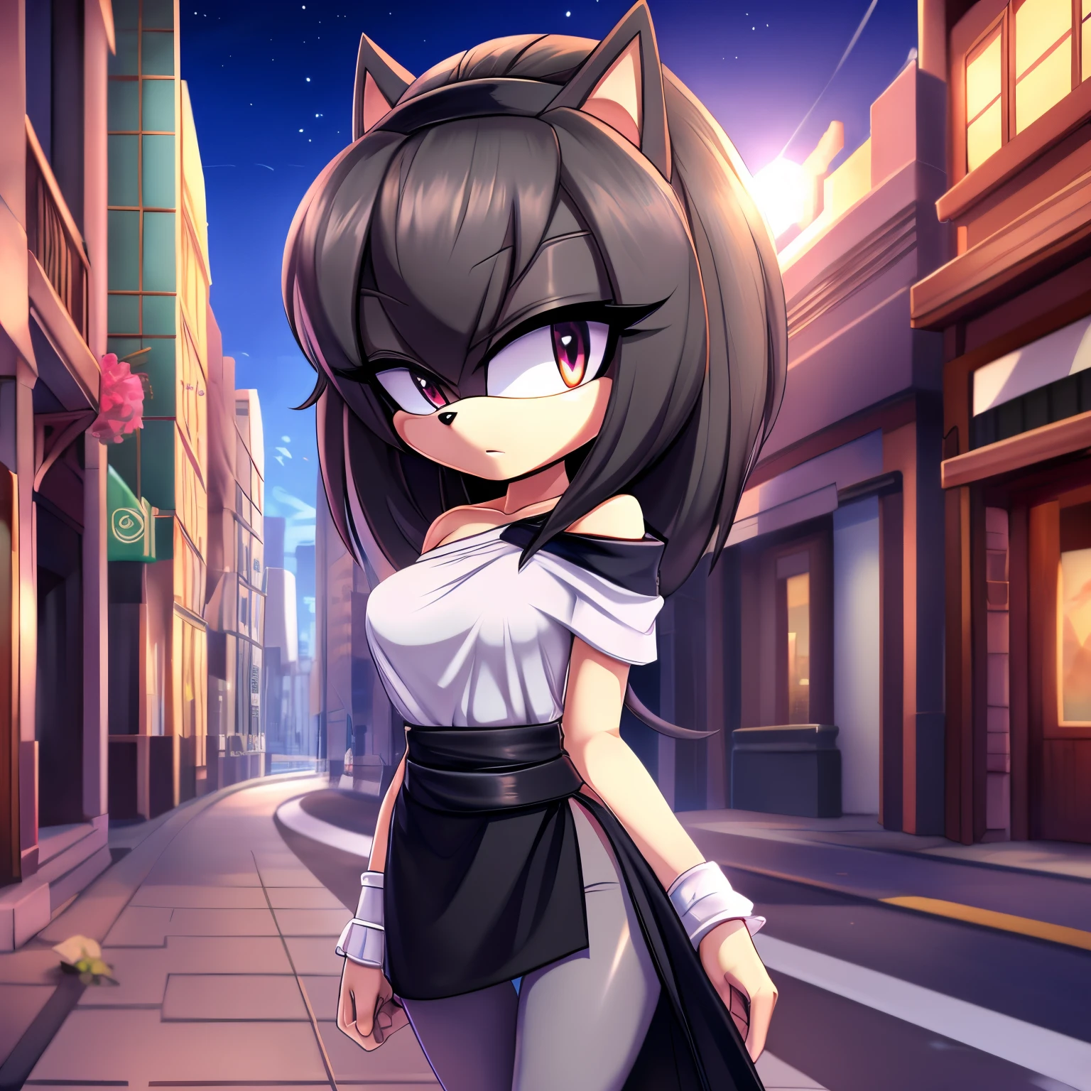 Shadow the Hedgehog but female, feminine eyelashes, medium breasts, hair bangs, perfect feminine figure, intricate details,(detailed background:1.3), anime style, city street, sharp focus, serious, standing, furry female, (solo), sundown, hair over one eye, ((short white one-shoulder dress with a gray undershirt)), long white wrist-guards, a black sash belt, ((gray tights)), best quality