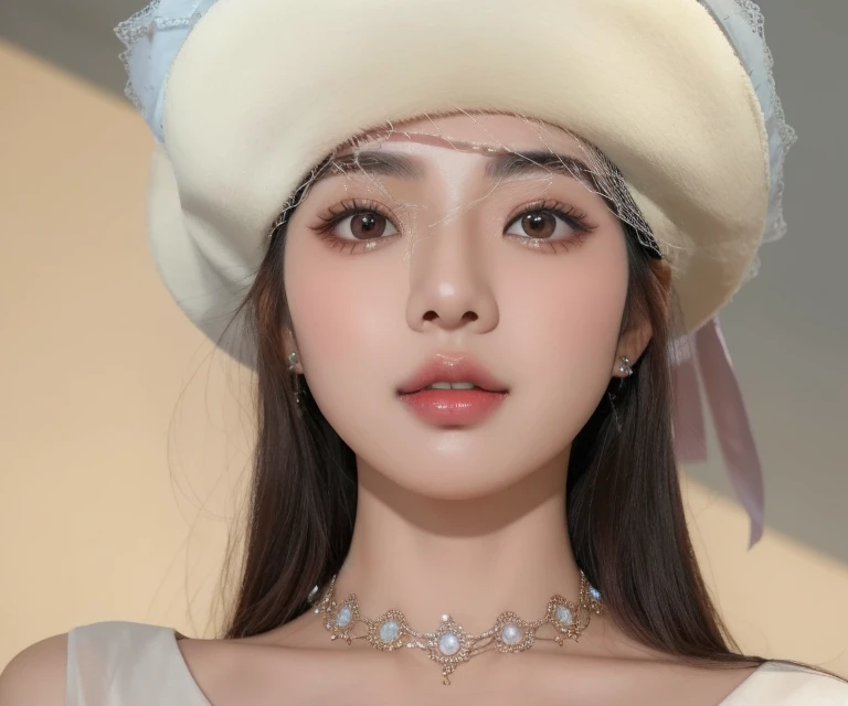 un primer plano de una mujer que llevaba un sombrero blanco y un estrangulador, ulzzang, maquillaje coreano popular, Beautiful aesthetic face, maquillaje popular de Corea del Sur, Joven y adorable rostro coreano, Wan adorable cara coreana, Chica coreana, maquillaje suave, con una gargantilla y un lindo sombrero, detailed face of a asian girl, Rasgos de la cara coreana, Hermosa mujer surcoreana