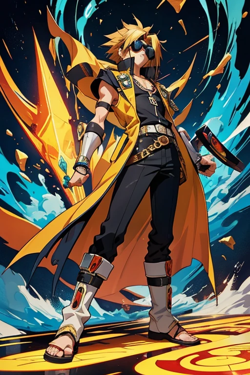 um homem com longos cabelos ruivos, a yellow coat and sunglasses and a disc on his left arm alone, Traje real de Akira, Gatilho Estilo de Arte de Anime, guilty gear strive splash art, arte chave do anime, Arte Oficial, Parte Brando, arte oficial altamente detalhada, Estilo de arte Guilty Gear, Epic anime style,  better arms, mais detalhes roxos e azuis, Yu-Gi-Oh estilo arte, egyptian setting,