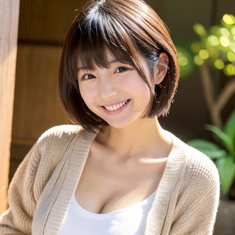 A cute Japanese woman、short-cut、Breast E Cup、white shirt、cardigan、a smile、