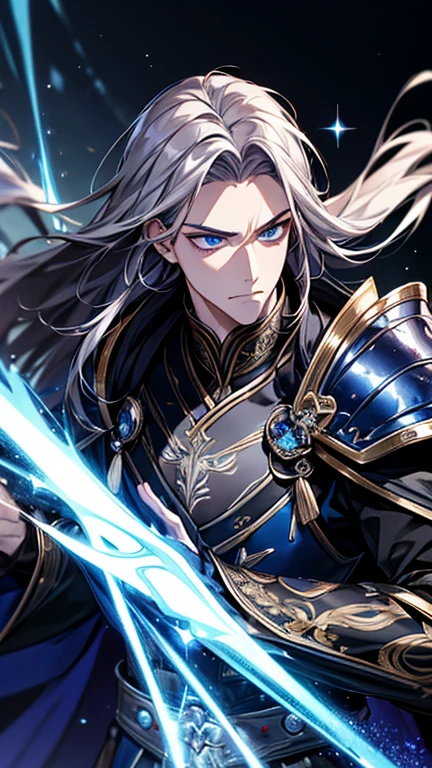 offcial art, 8k wallpaper, ultra - detailed, tmasterpiece, Best quality at best, (((1 boy))), tas#39;The very detailed), dynamic angle, tricky expression, ((cunning expression)), Wind-effect, Fantasy Background, edge lit, Side lighting, 电影灯光, 超高分辨率, 8k ultra high definition, filmgrain,The best shadow, Exquisite, primitive, Blue particles, Detailed skin texture, Detailed armor textures, Detailed faces, Handsome face, Complicated details, ultra - detailed, Dark, strong, (Black armor), ((sliver long hair)), (((sparkling blue eyes))), Dark cloak, dream-like, (actual), Atmospheric, silber hair, ellegance, ((((Command expressions))))
