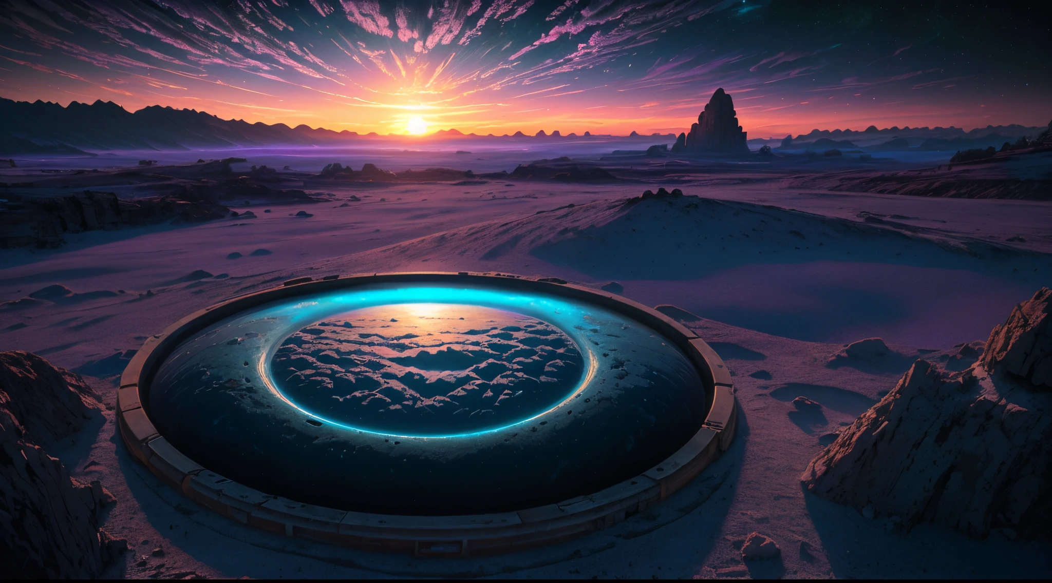(8K, RAW Photo, Best Quality, Masterpiece: 1.2), (Realistic, Realistic: 1.37), cyan and perple alien planet landscape, imagination, (realista), clear sky, compositing, blue and violet sun sunset, (HDR:1.5), ancient alien technology structure, futuristic color palette