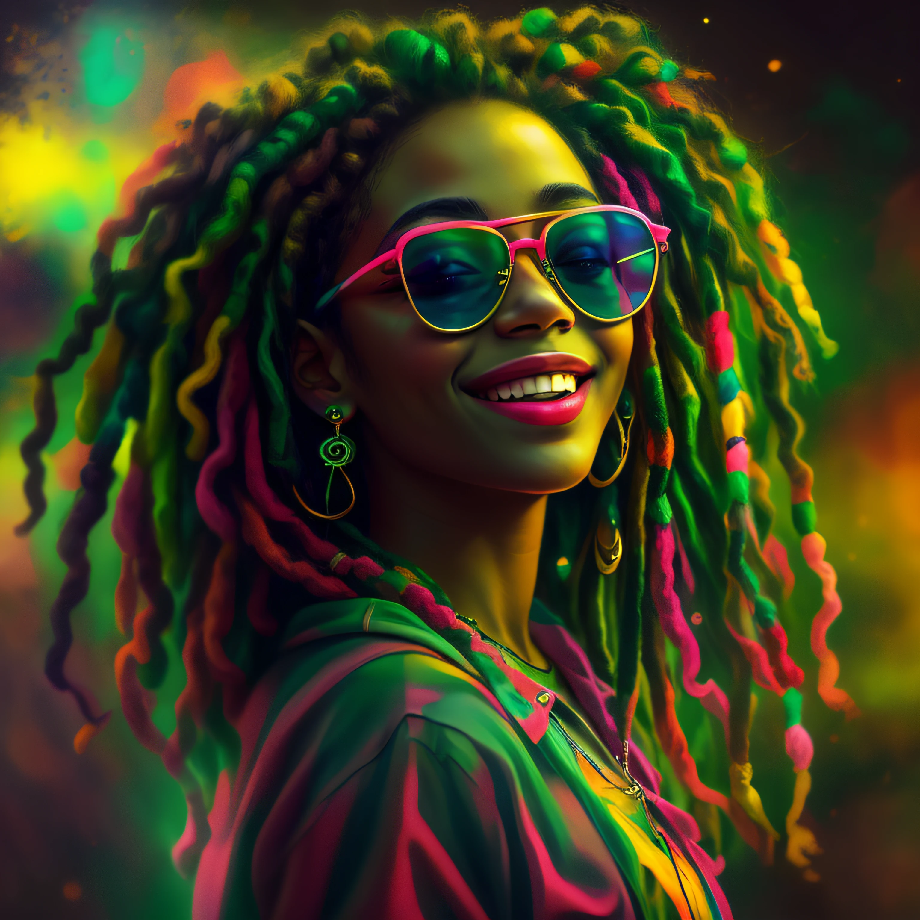 arte do vetor, blur art (1girl Rasta sorrindo com roupas nas cores do reggae) mafia, neon style cinematic lighting, salpicado de tinta