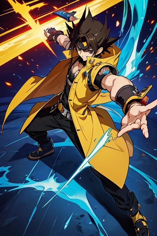 um homem com longos cabelos ruivos, a yellow coat and sunglasses and a disc on his left arm alone, Traje real de Akira, Gatilho Estilo de Arte de Anime, guilty gear strive splash art, arte chave do anime, Arte Oficial, Parte Brando, arte oficial altamente detalhada, Estilo de arte Guilty Gear, Epic anime style,  better arms, mais detalhes roxos e azuis, Yu-Gi-Oh estilo arte, egyptian setting,