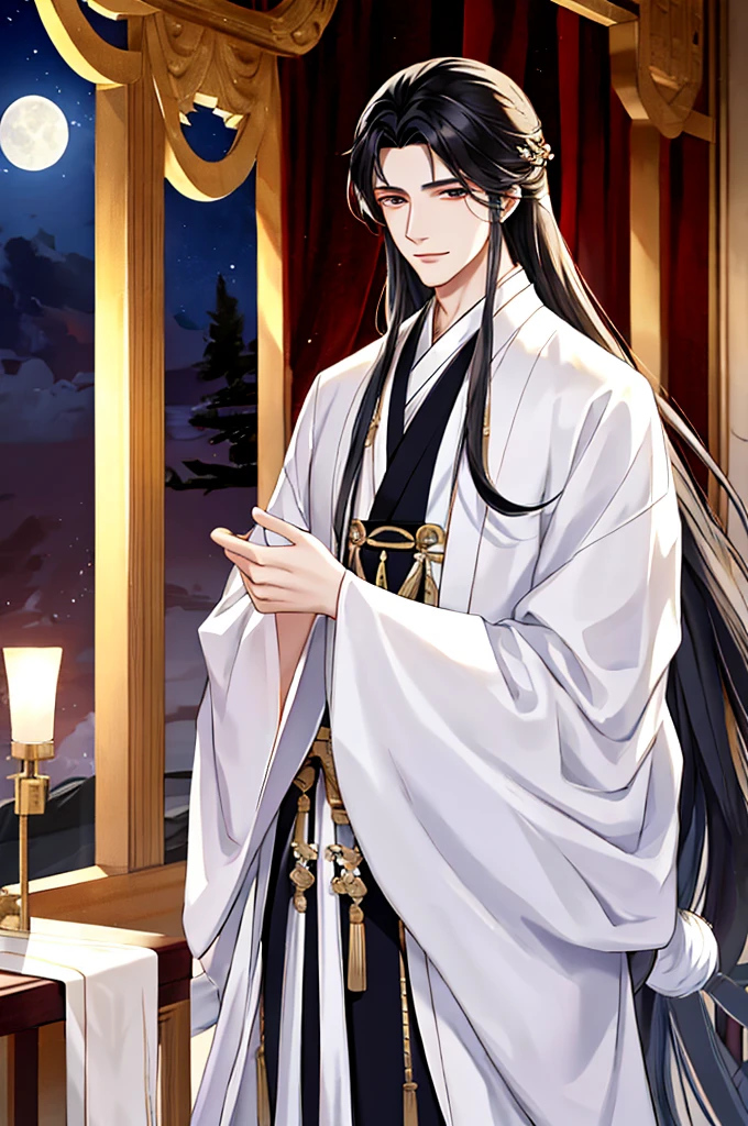 tmasterpiece,Best Picture Quality,male people,male people,white hanfu,Long black hair,long, floated hair,Wide-sleeved robe,ancient wind,Solid color clothes,The clothes do not have any patterns,Smilingly,gentlesoftlighting,water ink,Behind it the full moon,