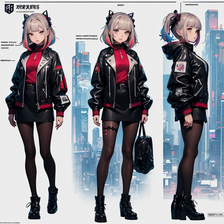 ((Masterpiece, Highest quality)), Detailed face, (Character Design Sheet),full bod, very detailed, Multiple poses and expressions, Highly detailed, Depth, ((beautiful Cyberpunk samurai girl,leather,lace)), (multicolor Harajuku tech jacket with logos), (shapeless multicolor Cyberpunk hairstyle)