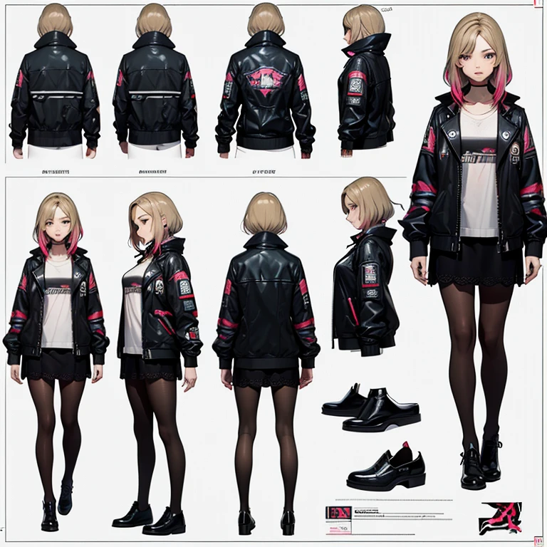 ((Masterpiece, Highest quality)), Detailed face, (Character Design Sheet)，full bod, very detailed, Multiple poses and expressions, Highly detailed, Depth, ((beautiful Cyberpunk girl，leather，lace pantyhose,)) High Balance，Natural light，(multicolor Harajuku tech jacket with logos), (shapeless multicolor Cyberpunk hairstyle)