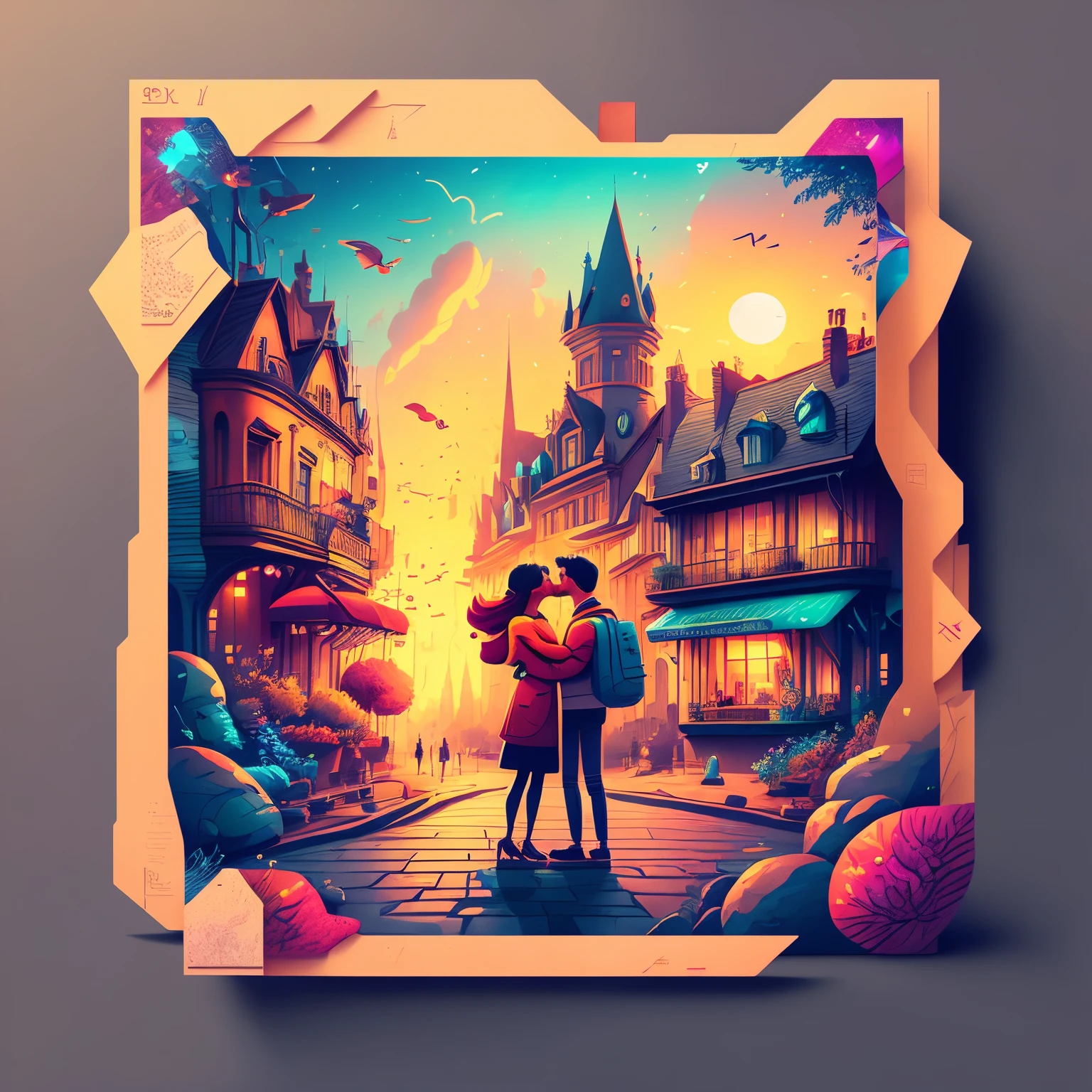 Postcards and postcards, framed, capsuled, a close up of a couple kissing on a street in a postalcard with a sunset in the background, beeple and jeremiah ketner, kiss, official artwork, cyril rolando and m.w kaluta, cyril rolando and m. w kaluta, inspired by the Brothers Hildebrandt, kisses are wordless spells, inspired by Cyril Rolando, kissing, Postcards and postcards and more postcards, Framed postcards, capsuled postcards, Postcards and postcards and more postcards, trend on behance 3 d art, stunning artwork, extremely high quality artwork, beautiful artwork, colorful hyperrealism, beeple colors, blue, pink, grey,(best quality,4k,8k,highres,masterpiece:1.2),ultra-detailed,(realistic,photorealistic,photo-realistic:1.37),HDR,UHD,studio lighting,ultra-fine painting,sharp focus,physically-based rendering,extreme detail description,professional,vivid colors,bokeh. Attention：Original art by Tupu.