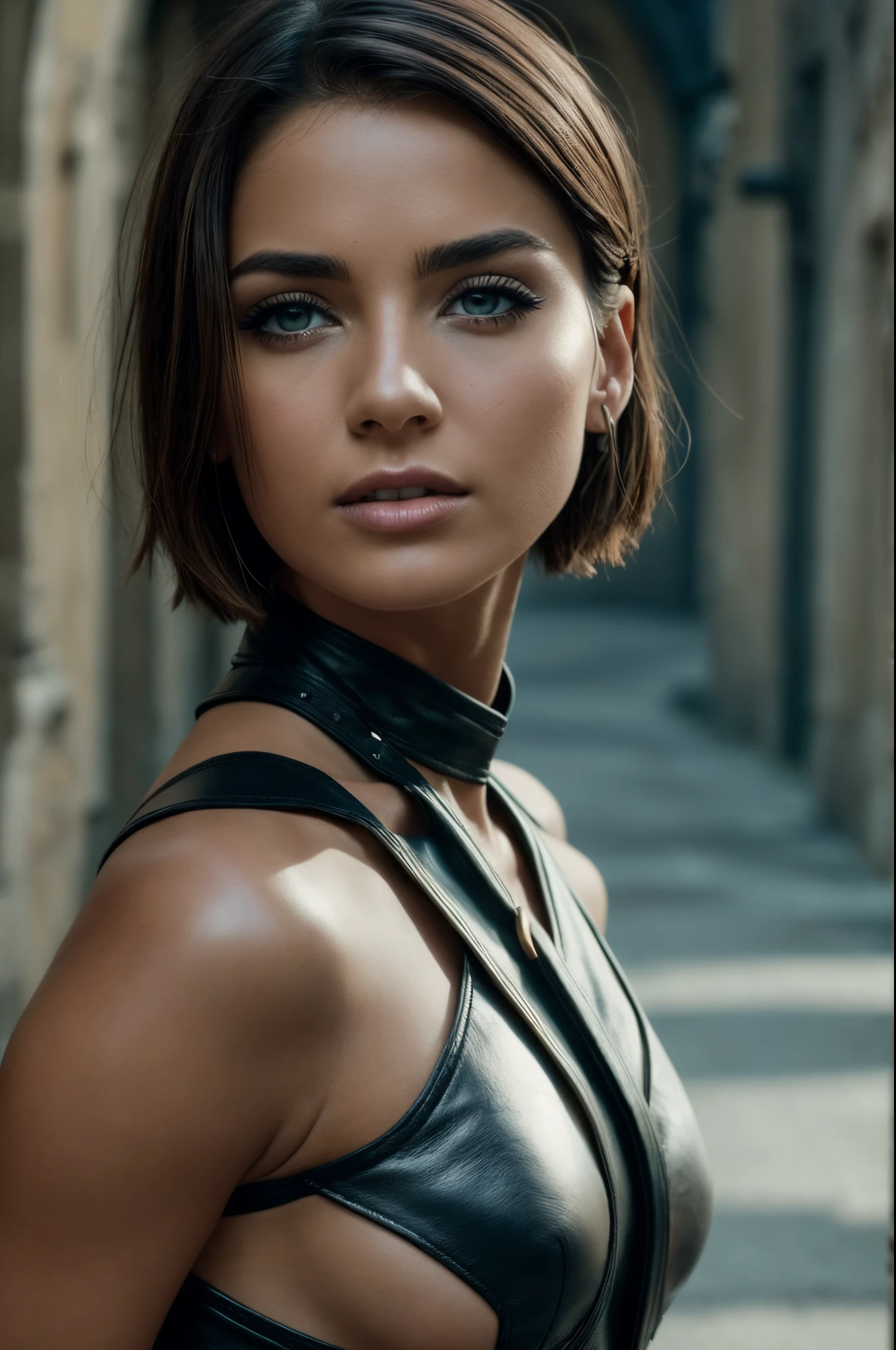 most beautiful woman, short hair, (eyeliner:1.1), standing, wearing leather outfit, volumetric lighting, movie promo, detailed background, medieval townscape,, (RAW photo, photorealistic:1.3), candid, 16mm, color graded, remarkable color, ultra realisitic, textured skin, remarkable detailed pupils, (imperfect skin:1.1), realistic dull skin noise, visible skin detail, skin fuzz, dry skin, film still, amazing shot