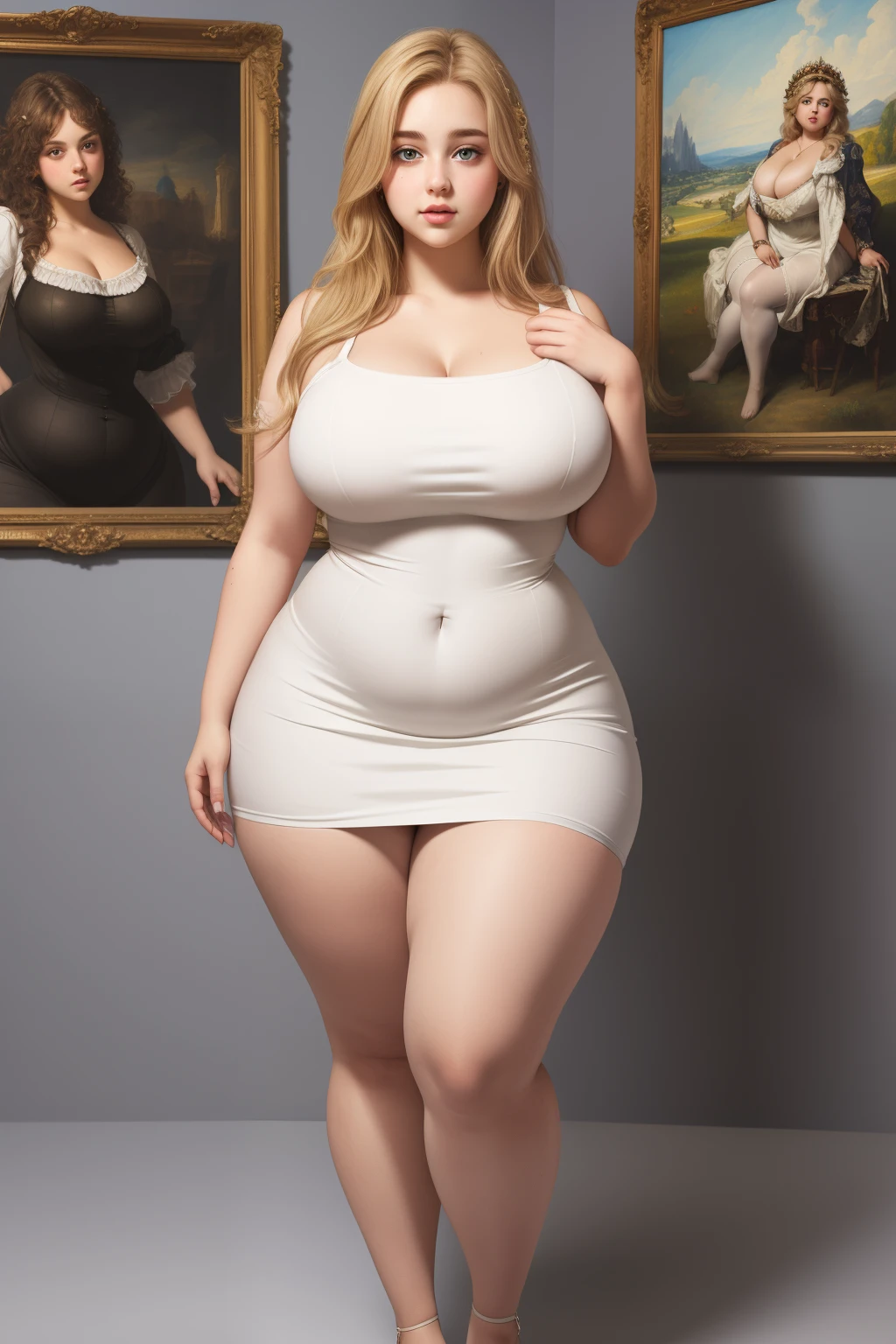 masterpiece, Ruben's painting style,  (8k wallpaper) , (best quality), perfect quality, solo, (detailed eyes:0.9), girl, very young, Rubens style, blonde long hair, face : ( cute very beautiful face, round face, a bit plump cheeks, very young), figure : ( very full body, very full figure, very curvy, chubby, big breasts, navel, very thicc, very thick, fat thighs) clothes: (tight see-throught white night dress)