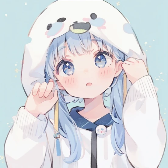 masutepiece, Best Quality, 8K resolution, Sharp Focus, intricate detailes, Beautiful Girl, Sparkling eyes, Golden Ratio Face, watercolor paiting, Pastel colors, Bright colors, Colorful, Sharp Focus, High resolution, Fine detail, Liquid Ball Gown, ((Round eyes))White hair、low double knot、pigtails、Wearing a hood、White hoodie、Blue eyes、About 、White hair、very transparent