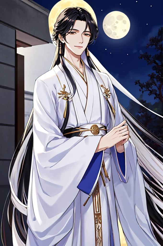 tmasterpiece,Best Picture Quality,male people,male people,white hanfu,cabelos preto e longos,long, floated hair,Wide-sleeved robe,ancient wind,Solid color clothes,The clothes do not have any patterns,Smilingly,gentlesoftlighting,water ink,Behind it the full moon,