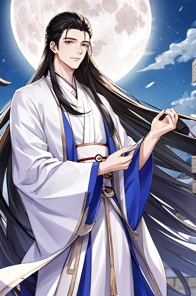 tmasterpiece,Best Picture Quality,male people,male people,white hanfu,cabelos preto e longos,long, floated hair,Wide-sleeved robe,ancient wind,Solid color clothes,The clothes do not have any patterns,Smilingly,gentlesoftlighting,water ink,Behind it the full moon,