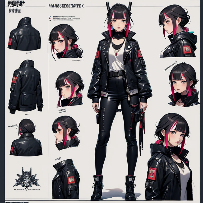 ((Masterpiece, Highest quality)), Detailed face, (Character Design Sheet)，full bod, very detailed, Multiple poses and expressions, Highly detailed, Depth, ((beautiful Cyberpunk samurai girl，leather，lace)), (multicolor Harajuku tech jacket with logos), (shapeless multicolor Cyberpunk hairstyle)