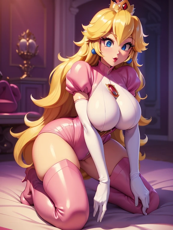 ((Princess peach from super mario bros series))(she has big glowing blue eyes)(bright red lips) (((long blonde straight hair)))(dark eyeshadows make up)((very huge breasts)) (perfect slim body) ((wear pink and white motorbiker leotard and long boots)), (crown) ((posing sexy in princess peach castle)) (masterpiece, high definition, volumetric lights and dinamic shadows)((masterpiece))(8k)(perfect face)(ultra details) (perfect hands, eyes, and face) (bats flying around