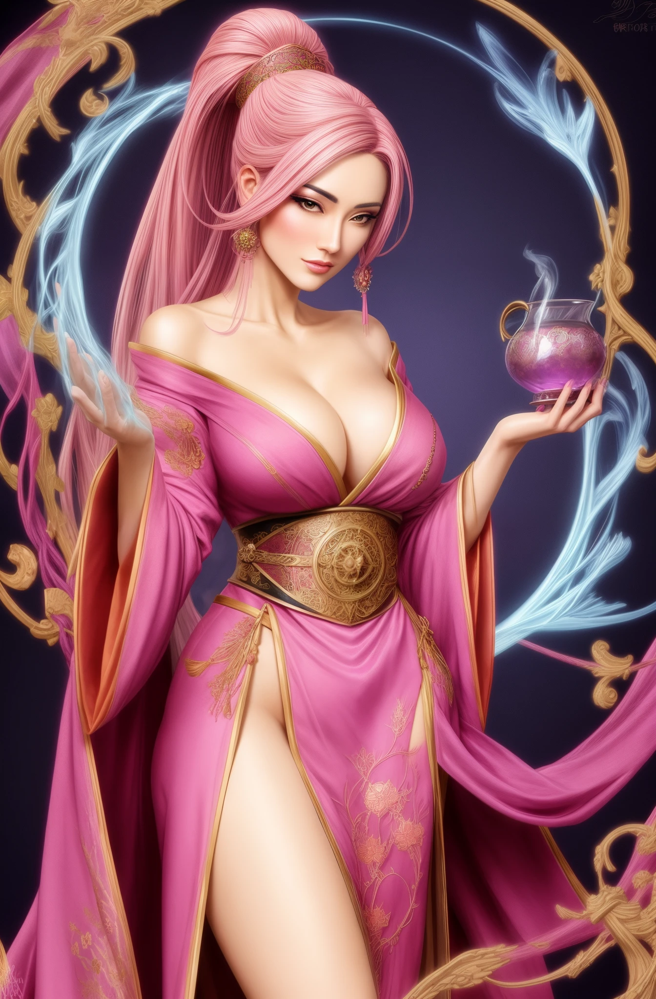 Fantasy Female alchemist wearing a robe, gorgeous Japanese woman, elaborate hair, pink embroidery
