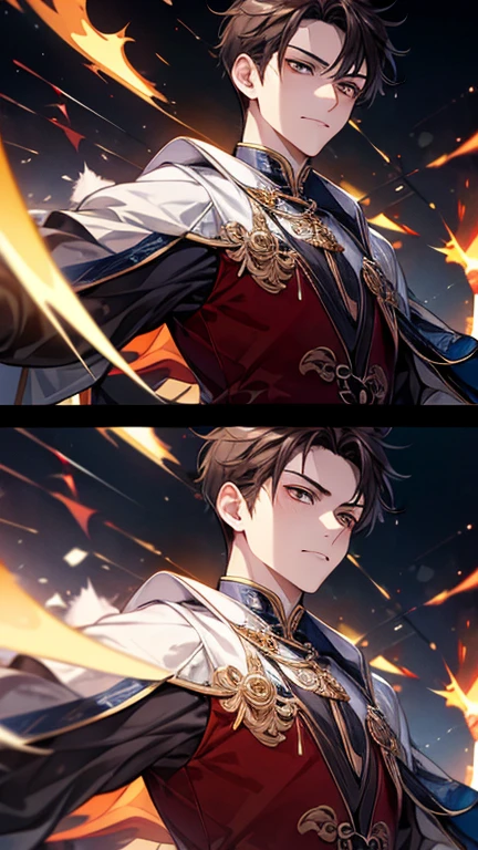 offcial art, 8k wallpaper, ultra - detailed, tmasterpiece, Best quality, (((1 boy))), hori#39;Very meticulous), dynamic angle, tricky expression, ((cunning expression)), Wear white Chinese clothing, cinematric light, 超高分辨率,