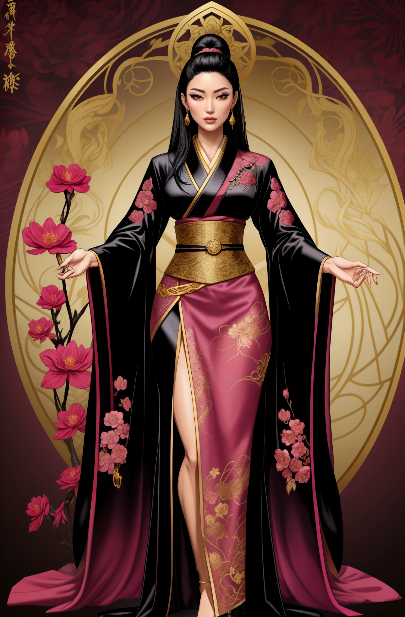 sy Female alchemist wearing a black robe, gorgeous Japanese woman, elaborate black hair, pink flower embroidery, full body shot, gold trimnings