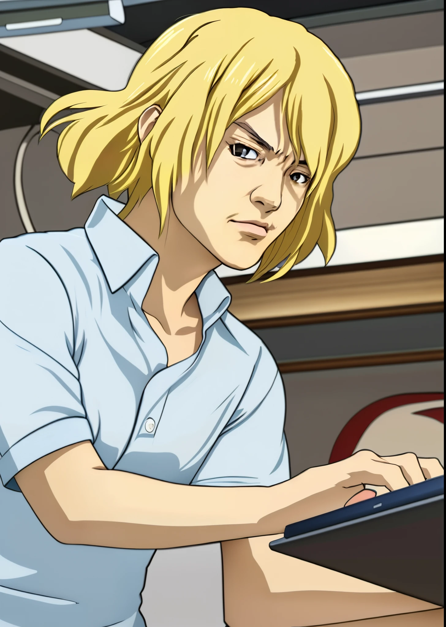 blond haired man in blue shirt using a laptop computer, yamato, anime style”, norihiro yagi, furio tedesschi, in the anime film, sanji, hironaka, kentaro, animesque, avatar image, yu - no, kentaro miura style, kentaro miura!, toru furuya