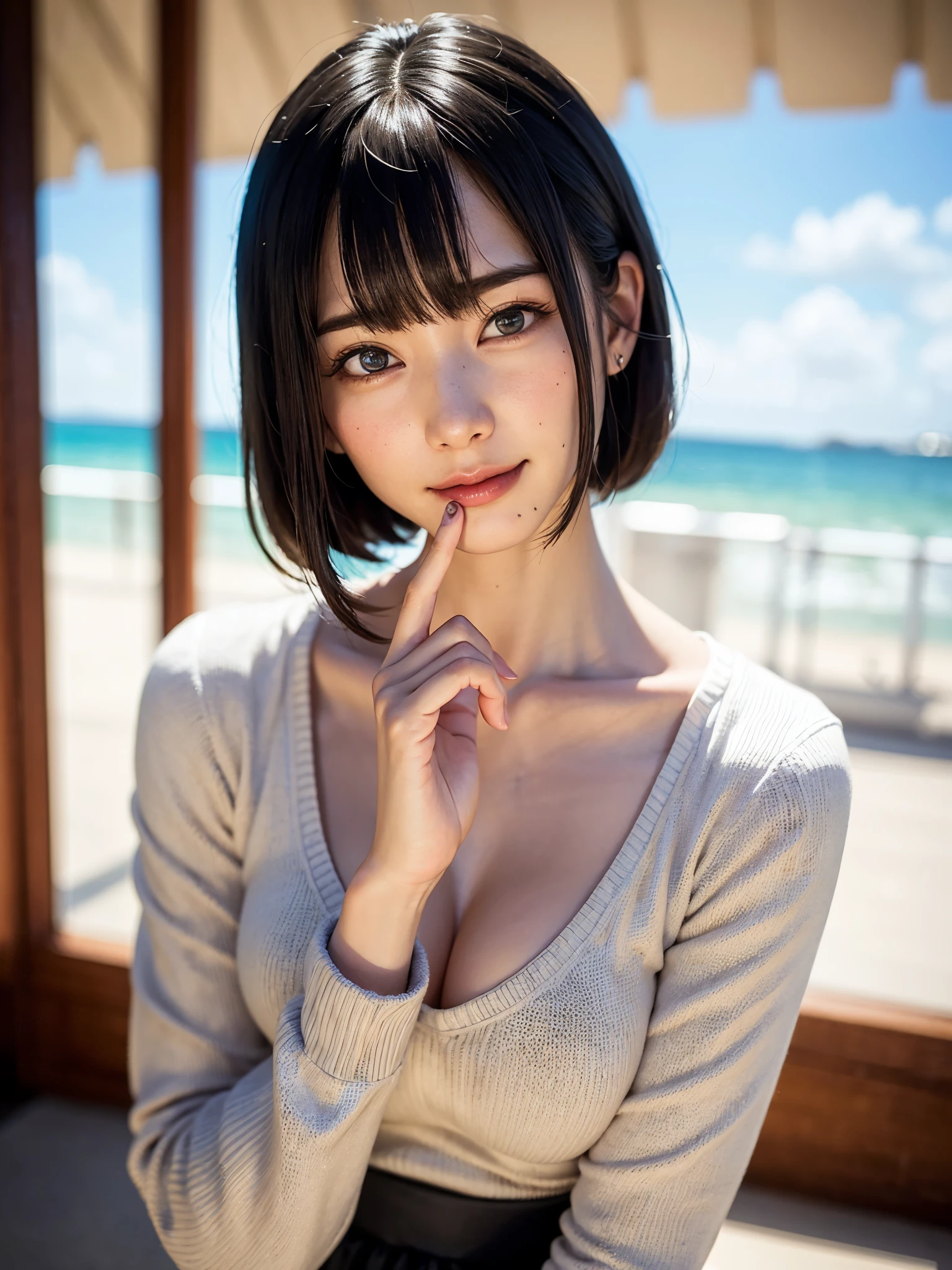 女の子1人、top-quality、realisitic、report、depth of fields、natural soft light、during daytime、魅惑的、beauitful face、Cleanliness、Pure face、de pele branca、cute hawk hair、bangss、the beach、rays of sunshine、Nedium Breast Body Esbian、((Beautiful face with sweater golden ratio Beautiful face with symmetry))、long neck、Put your ears out、Clean short bob hair with bangs、Smile with your mouth closed、Perfect fingers、perfect hand、Perfect body、face perfect、Shine a light into the eyes、Perfect Anatomy:1.4、very cute super model:1.4