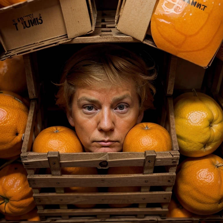 Donald trumps face hiding in a crate full of oranges at a grocery store