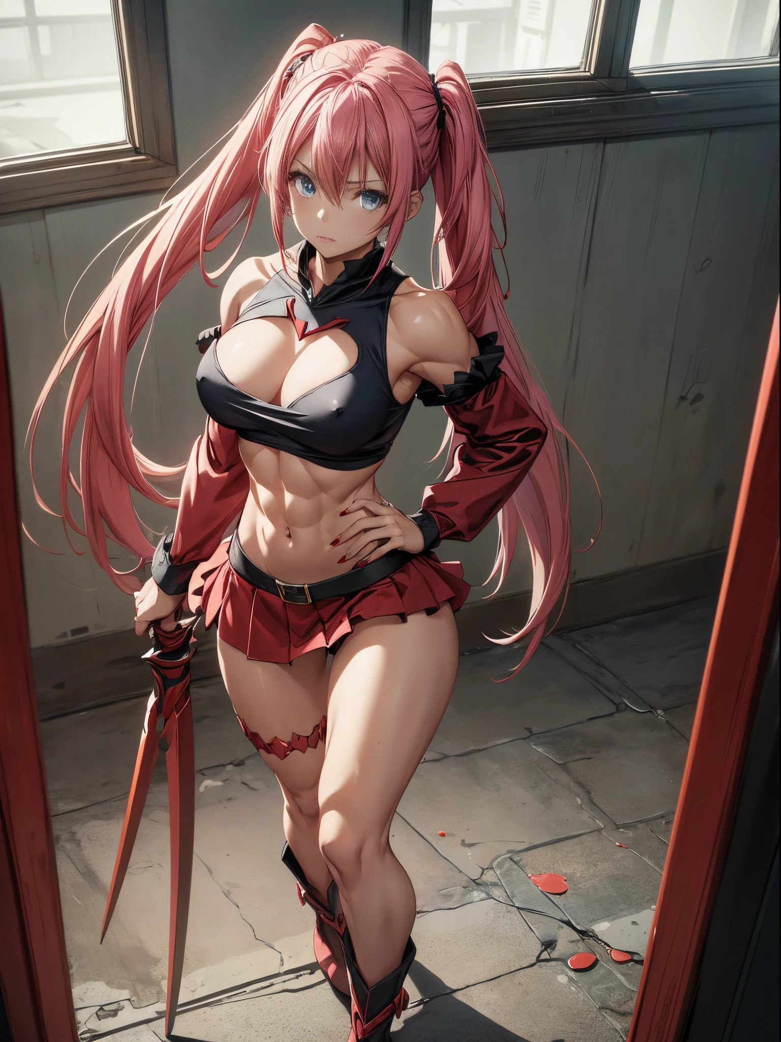 (((1 girl))), (wearing red Santa hat), (Milim Nava of tensei shitara slime), (pink hair twintails), (blue eyes), medium chest, (nails painted black), perfect hands , (((wearing a sexy red Santa Claus outfit with a cute short skirt))), (((full body view))), (in a motel room), (((beautiful, muscular legs))) , thin waist, muscles in the abdomen, full body photo, red high heel shoes, (holding a red dragon sword in attack pose), (HDR) , eye reflection, extended eyes, extended eyes, Moody, anime, minimalism, anime style, ray tracing, cinematic lighting, cinematic lighting, glow, shine, jpeg artifacts, bright light, divine rays, ray tracing, drop shadow, panorama, Sony FE, behind, underneath, underneath, UHD , master piece , precise, accurate, anatomically correct, super detailed, high quality, best quality, very high, 16k
