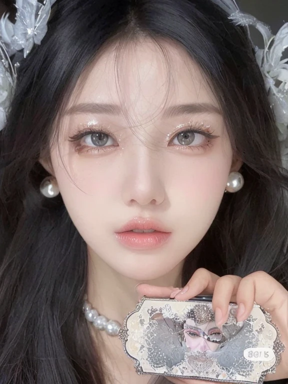 A close-up of a woman holding a cell phone in her hand, maquillaje popular de Corea del Sur, maquillaje coreano popular, ojos blancos detallados, con hermosos ojos detallados, pale milky white porcelain skin, piel blanca y ojos reflectantes, ulzzang, pale porcelain white skin, with cute doting eyes, Cara linda clara, luz intrigante ojos penetrantes, lindos ojos redondos rasgados