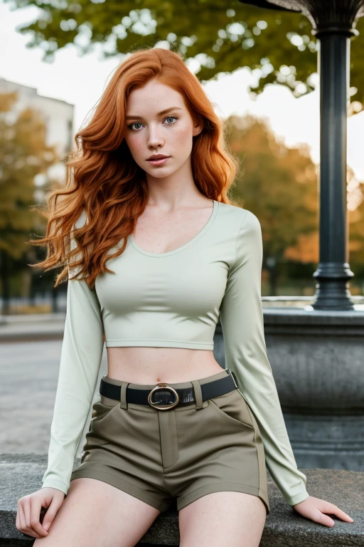 1girl in, 19, Solo, Aesthetic artwork, irish  redhead, wavy ginger hair, shoulder length ginger hair, gray eyes, light grey eyes, some small freckles, pale skin, A-cup, small breasts, runners body, detailed skin texture, sitting on stone bench, by city fountain, downtown, park, (extremely detailed 8k wallpaper), soft lighting, high quality, film grain, Fujifilm XT3 sharp focus, f 5.6, 50mm, High Detail, Sharp focus,(natural light), black long sleeve crop top, light green khaki pants, brown utility belt, Kim possible costume, crazy details, complex details, hyper detailed