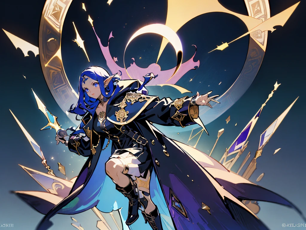 (Masterpiece, Best Quality, Ultra-detailed, majestic, sharp focus :1.5) (medium body Shot, perfect anatomy, niji, gacha splash art :1.4) (solo, good composition, portrait) (dynamic pose, action shot, :1.2), Perfect Lighting, Ray tracing, soft dark night lighting, warm backlight , purple shadows, glowing aesthetic ((dungeons and dragons, epic fantasy, castlevania, night, atmospheric, mysterious, occult, By alphonse mucha)) (1girl, beautiful woman, Adult), covered chest ( short pointed ears, :1.3) (dark navy blue hair color, parted bangs Tucked Behind pointed Ears, middle parted hair :1.4), Face-framing layers (shoulder-length haircut, straight short thick hair :1.3) (open forehead, bare forehead :1.5), pale skin, smile, relax, mischievous, kind (arrogant :0.9) Elegant, sitting on the roof-top, legs closed, (1staff, holding long straight silver staff in hand, the pommel of the staff is a sun-shaped ring with empty centre)((flow puffy clothes, luxury steampunk skirt of the dress, soft matte fabric, royal victorian rpg clothing, medieval rich clothing)) (gothic ta's Black Dress, all-black flared knee-length dress :1.4) (strapless off-shoulder dress, modest lush gorgeous dress) black choker, bare collarbones, bare knees, (large vintage trenchcoat, colorful flow long greatcoat, purple shades square Patchwork greatcoat, long coat, multicolor African Print greatcoat, stand-up trenchcoat collar , geometric abstract pattern trenchcoat :1.4) ((purple knee boots with lace, low heel, vintage high boots, hidden hips, ) ) detailed alchemist's hip bag, brown belts (medieval fantasy city on the background, magic academy), blue night sky, little blue moon, floating books and scrolls, gesture, magic passes (uses magic of holographic kaleidoscope), ghostly holographic crystal magic aura with blue-orange flares, holographic glass fragments sparkle in the background (Adventurer, genius, wise alchemist), silver and brass accents, tarot, SilverSapphireAI