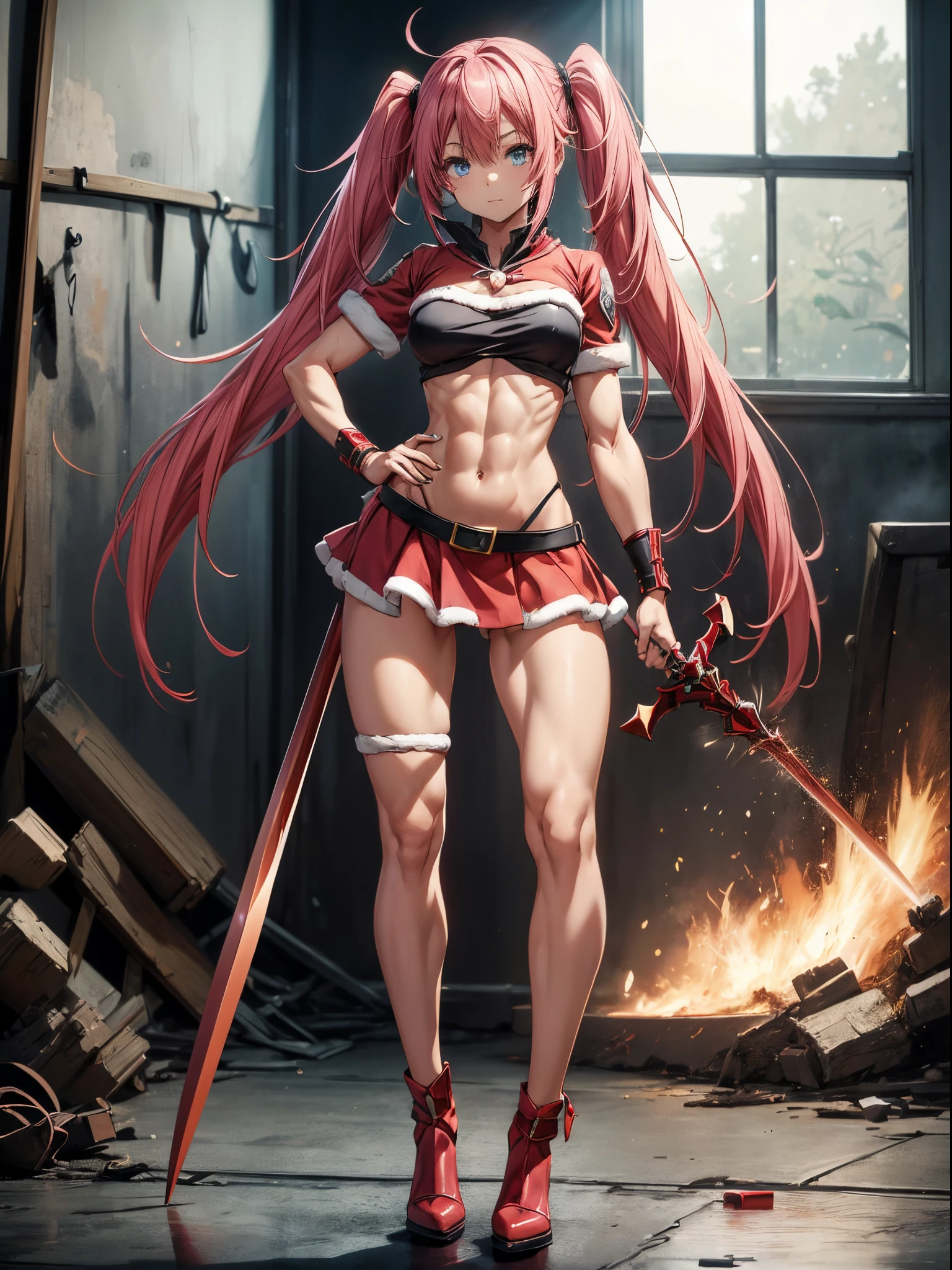 (((1 girl))), (wearing red Santa hat), (Milim Nava of tensei shitara slime), (pink hair twintails), (blue eyes), medium chest, (nails painted black), perfect hands , (((wearing a sexy red Santa Claus outfit with a cute short skirt))), (((full body view))), (in a motel room), (((beautiful, muscular legs))) , thin waist, muscles in the abdomen, full body photo, red high heel shoes, (holding a red dragon sword in attack pose), (HDR) , eye reflection, extended eyes, extended eyes, Moody, anime, minimalism, anime style, ray tracing, cinematic lighting, cinematic lighting, glow, shine, jpeg artifacts, bright light, divine rays, ray tracing, drop shadow, panorama, Sony FE, behind, underneath, underneath, UHD , master piece , precise, accurate, anatomically correct, super detailed, high quality, best quality, very high, 16k
