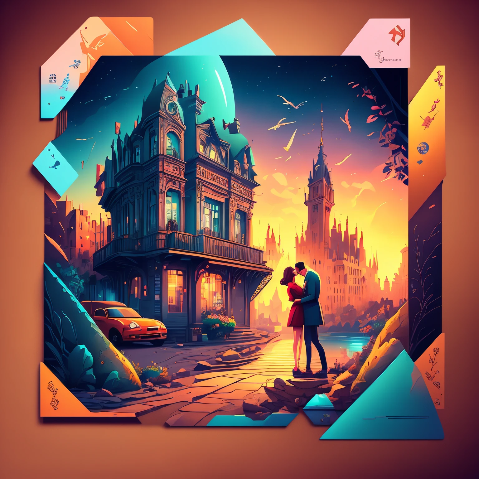 Postcards and postcards, framed, capsuled, a close up of a couple kissing on a street in a postalcard with a sunset in the background, beeple and jeremiah ketner, kiss, official artwork, cyril rolando and m.w kaluta, cyril rolando and m. w kaluta, inspired by the Brothers Hildebrandt, kisses are wordless spells, inspired by Cyril Rolando, kissing, Postcards and postcards and more postcards, Framed postcards, capsuled postcards, Postcards and postcards and more postcards, trend on behance 3 d art, stunning artwork, extremely high quality artwork, beautiful artwork, colorful hyperrealism, beeple colors, blue, pink, grey,(best quality,4k,8k,highres,masterpiece:1.2),ultra-detailed,(realistic,photorealistic,photo-realistic:1.37),HDR,UHD,studio lighting,ultra-fine painting,sharp focus,physically-based rendering,extreme detail description,professional,vivid colors,bokeh. Attention:Original art by Tupu.