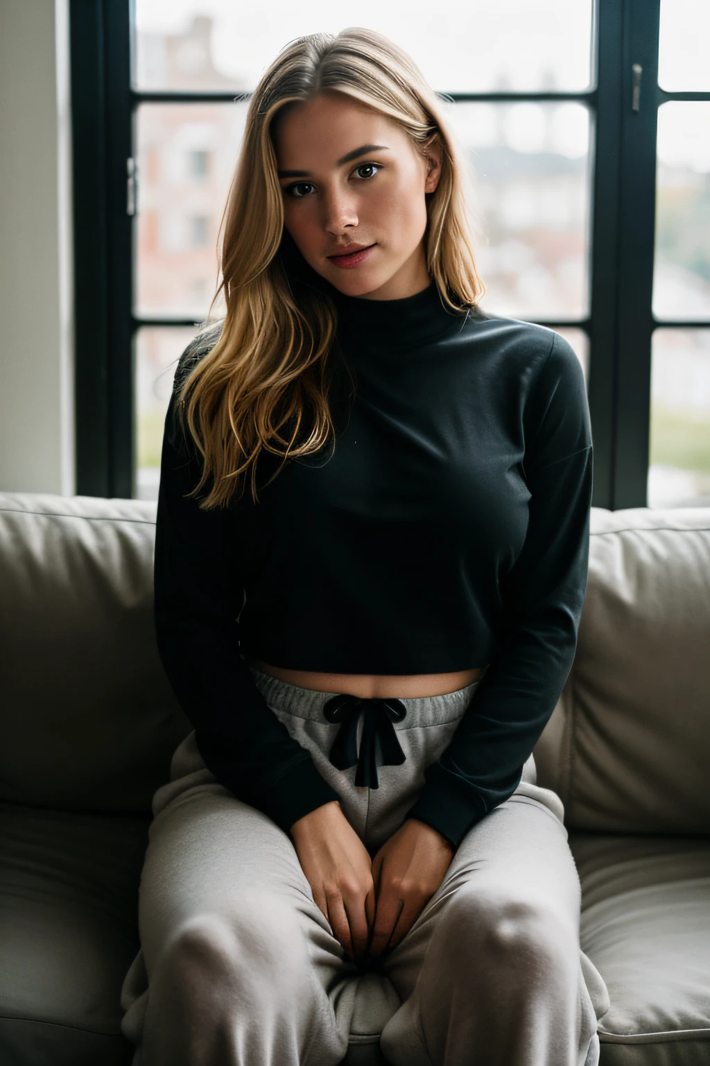 Realistic photograph of Beautiful blonde woman with freckles, wearing a black long sleeve top and sexy sweatpants, big breast, hard nipples, medium-full shot, siting on a sofa in in a modern living room, legs partially open, wet hair, wet skin, Natural light coming from the window. Extreme hair details and texture, ultra realistic, rule of thirds, dramatic overhead lighting, detailed face, shallow depth of field, intricate details, Dark and gloomy, lifelike texture, dynamic composition, Fujifilm XT2, 85mm F1.2, 1/80 shutter speed, long shot, bokeh, high contrast, massively detailed, cinematographic style, low key