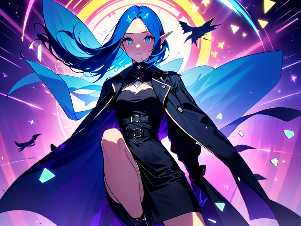 (Masterpiece, Best Quality, Ultra-detailed, Hight resolution, sharp focus, solo, sticker, in a circle, flat design, 1girl, perfect anatomy :1.5) (, good composition, portrait, detailed textures, octane render) (dynamic pose, action shot, :1.2), Perfect Lighting, Ray tracing, directional warm lighting from below, purple shadows, ((night lighting , darkness, glowing aesthetic )) (dungeons and dragons, fantasy, night, atmospheric, mystery, romantic, 4k wallpaper) covered chest (long slim body, short pointed ears,beautiful woman,:1.3) (dark blue hair , parted bangs Tucked Behind pointed Ears, middle parted hair :1.4), Face-framing layers (shoulder-length haircut, straight short thick hair :1.3) ( small clear forehead without strands, small forehead :1.5), pale skin, friendly, smile, (relax, mischievous, kind, arrogant :0.9) Elegant, sitting on the roof-top, hidden hips, legs closed, ((flow puffy clothes, soft matte fabric, fashionable victorian rpg clothing, very detailed and rich clothing)) (gothic ta's Black Dress, all-black flared knee-length dress:1.4) ((strapless off-shoulder dress, , lush gorgeous dress )) black choker, bare collarbones, ((( large vintage trenchcoat, colorful flow long greatcoat, purple shades Patchwork greatcoat, African squarePrint greatcoat, stand-up trenchcoat collar , geometric abstract pattern trenchcoat))) fantasy city on the background, magic academy, blue night sky, little blue moon, floating books and scrolls, gesture, magic passes, constellations particles, ((transparent crystalline low poly magic aura, holographic low poly magic streams, sharp abstract geometric magic effects, purple |cyan|red geometric particles on background)), (complex background), yoshitaka amano character design, style by NTY, glowing neon blue eyes,