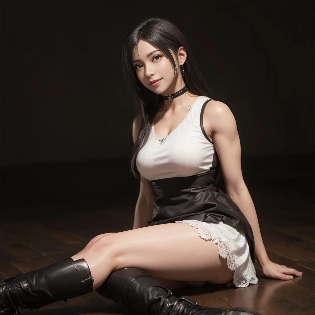 (best quality,ultra-detalhado),(Realistic:1.37),Tifa Lockhart, Rosto bonito e detalhado, maquiagem preta nos olhos, expression smiling, textura ultra realista, rosto delicado, corpo delicado, Fit physique, usando batom e brilho labial, charismatic look