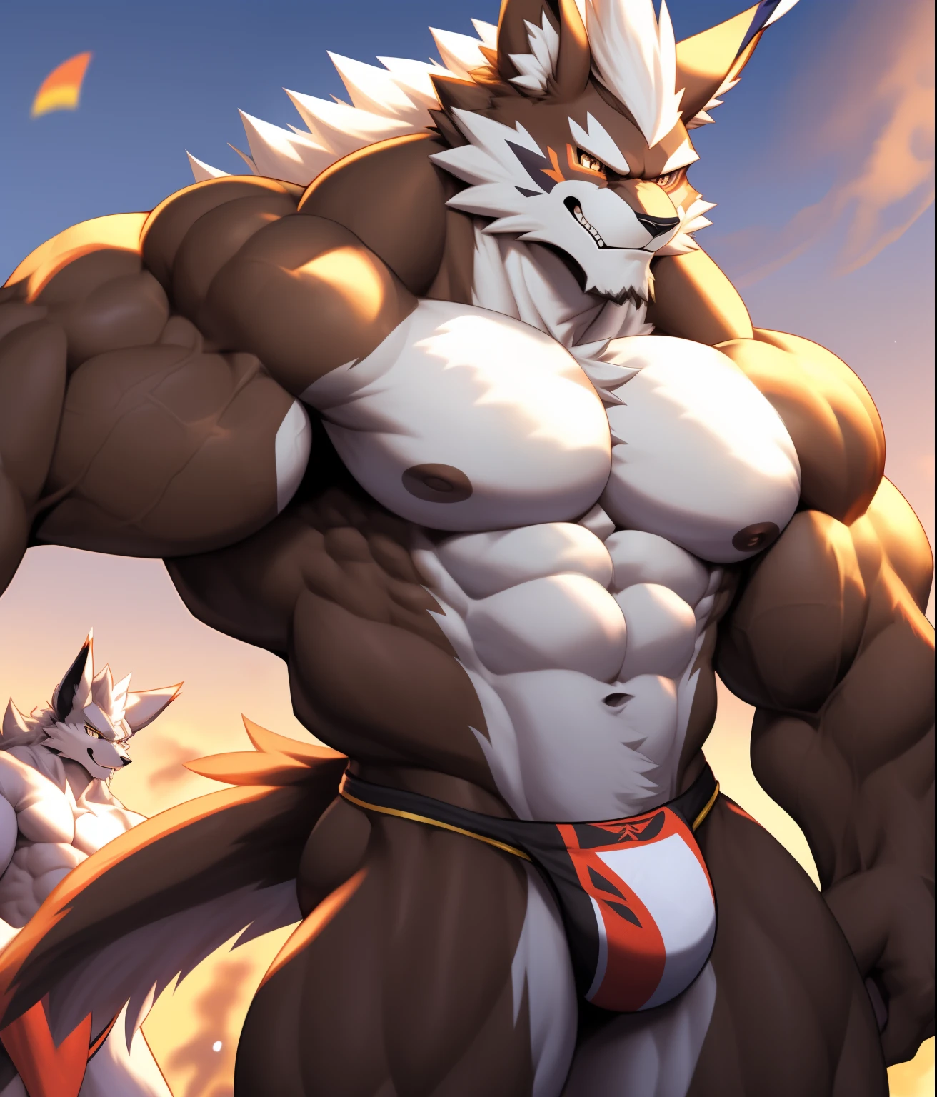 Leomon in bodybuilding competition, en el escenario con otros culturistas a su lado. Culturista competitivo PRO, nj5furry, (Leomon,, Masivo, enorme, muscular, GigaChad), (((((tanga blanca))))) Leomon, Cara joven, adolescente, ((Sombras extremadamente realistas, Obra maestra, extremadamente detallado, fotorrealista)), kemono, Mirando al espectador, ((frente)),  They are smiling, naughty expression, dientes blancos, boca ligeramente abierta, lengua roja, Leomon, ((Cara detallada)) nariz, ojos rojos, ((ojos detallados)),  dark brown skin, dark brown fur,  brown hair, Melena blanca, Altura 3 metros de altura, The optimal height, Tight clothing, 200 kg, Body full of huge muscles; pectorales musculares y abultados, pectorales enormes, ((pectorales masivos)) ((pectorales enormes)) ABS rasgados, Ocho abdominales, Cuerpo en forma de V, cintura gruesa, piernas largas, Brazos fuertes varoniles, cara hermosa, Atractivo tipo de cara tranquila y fresca con una sonrisa traviesa, Topless, protuberancia en la entrepierna, She wears a small white thong that reveals huge, muslos musculosos, (((Lleva una tanga blanca muy ajustada))), bulging biceps. Un culturista musculoso en ciernes. Un culturista competitivo PRO potencial y cuello abultado. ((casi desnudo)) ((derriere))  muslos musculosos enormes firmes, Round buttocks and round butt.