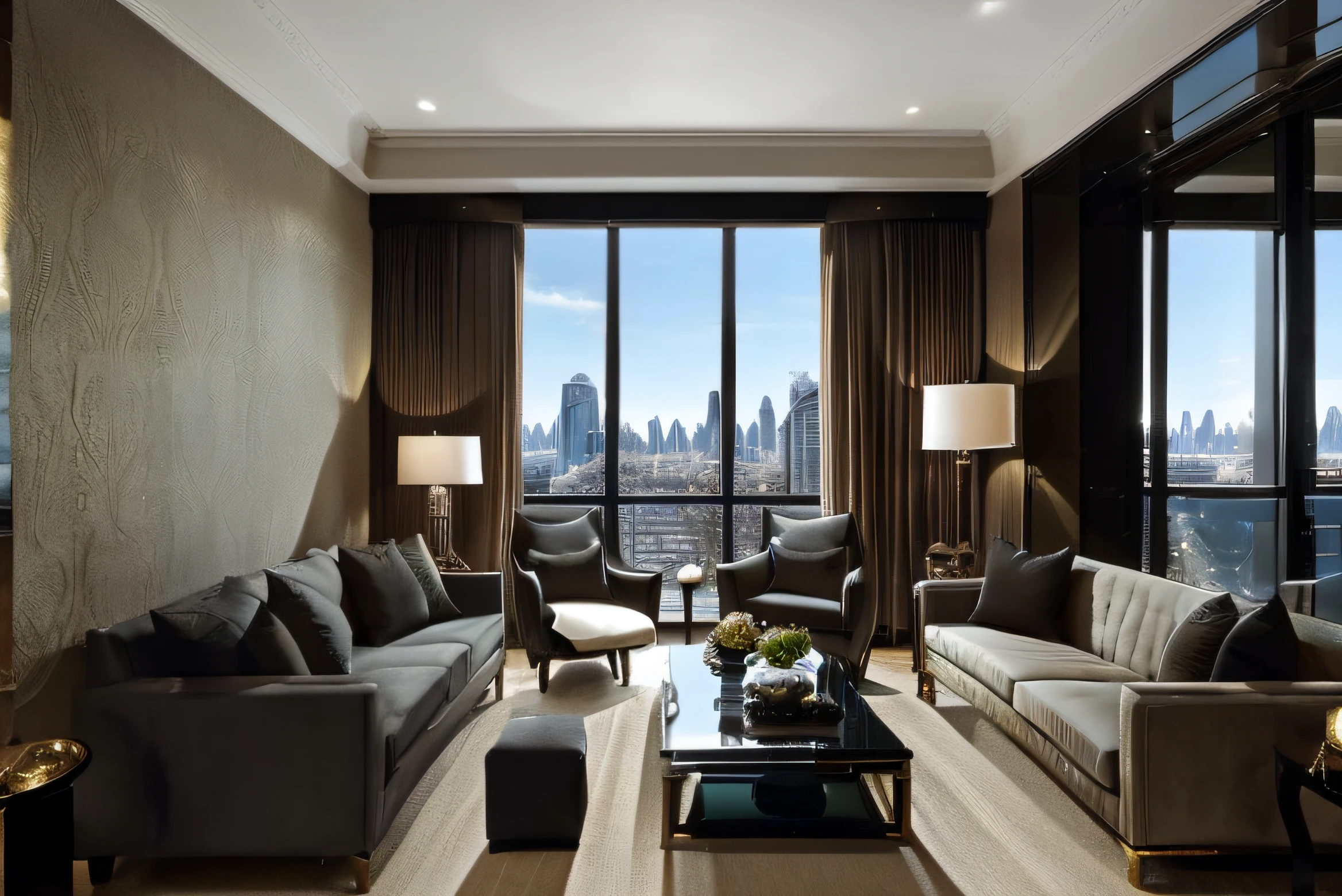 Design an opulent and luxurious 5-star hotel room set with a contemporary aesthetic. The room should exude elegance and sophistication, featuring high-end furnishings, plush fabrics, and tasteful decor. Emphasize a color palette that includes rich tones and metallic accents. The focal point of the design should be a striking floor-to-ceiling window that provides a breathtaking view of a bustling cityscape. Consider incorporating modern technology seamlessly into the design, such as automated curtains, ambient lighting, and interactive touch controls. Pay attention to spatial arrangements to create a visually appealing and functional layout for potential filming scenes, keeping in mind the needs of the narrative and characters within this lavish setting.