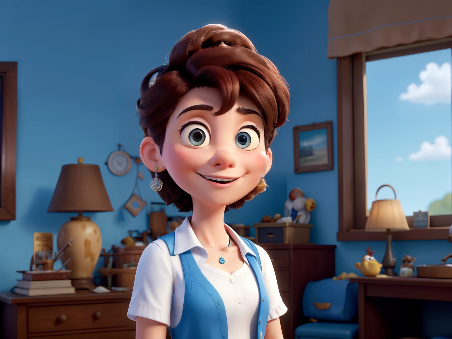 Make an image like disney pixar theme, araffes and a woman in a white dress and a man in a blue vest and white shirt, a picture inspired by Ke Jiusi, tumblr, samikshavad, maya ali wind sorcerer, pretty face!!, movie promotional image, * colour splash *, film still from the movie, high quality movie still, movie film still, film movie still