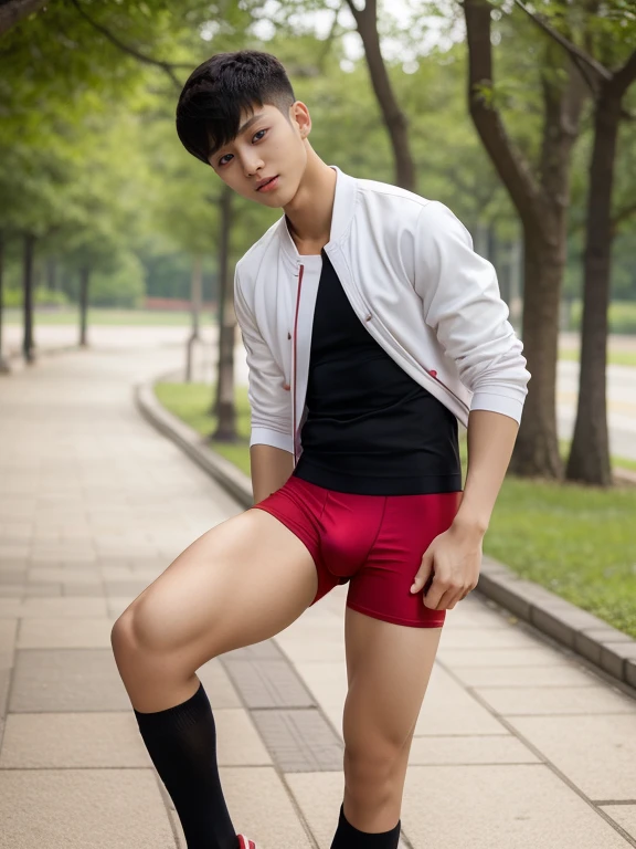  teenagers , very young , light-skin , wearing an dark red sexy underwear, tmasterpiece，k hd，the feet，Transparent sports vest，semi transparent，black long socks，The barefoot , red colour , handsome and cute , extreme cute boy , white skin , dark red underwear boxers shorts , extremely tall and cute boy ,oppa model , handsome model , full body , dark red boxers underwears short shorts , black socks , white light-skin , Chinese model , young boy , white skin , handsome and extremely cute , red boxers underwear shorts , long black socks , handsome model , at the park , jogging , model oppa , long legs , jogging , running , high knee black socks ,black  long socks , stand up , extremely tall , extremely high , red underwears , red sports underwear , long black socks , clean and white legs , Chinese model , extremely long legs , looking at the camera , clean and white thigh , heavy bulge , kid face , b , wearing red underwears boxers , light and white skin , Chinese model , strike a pose , sexy pose