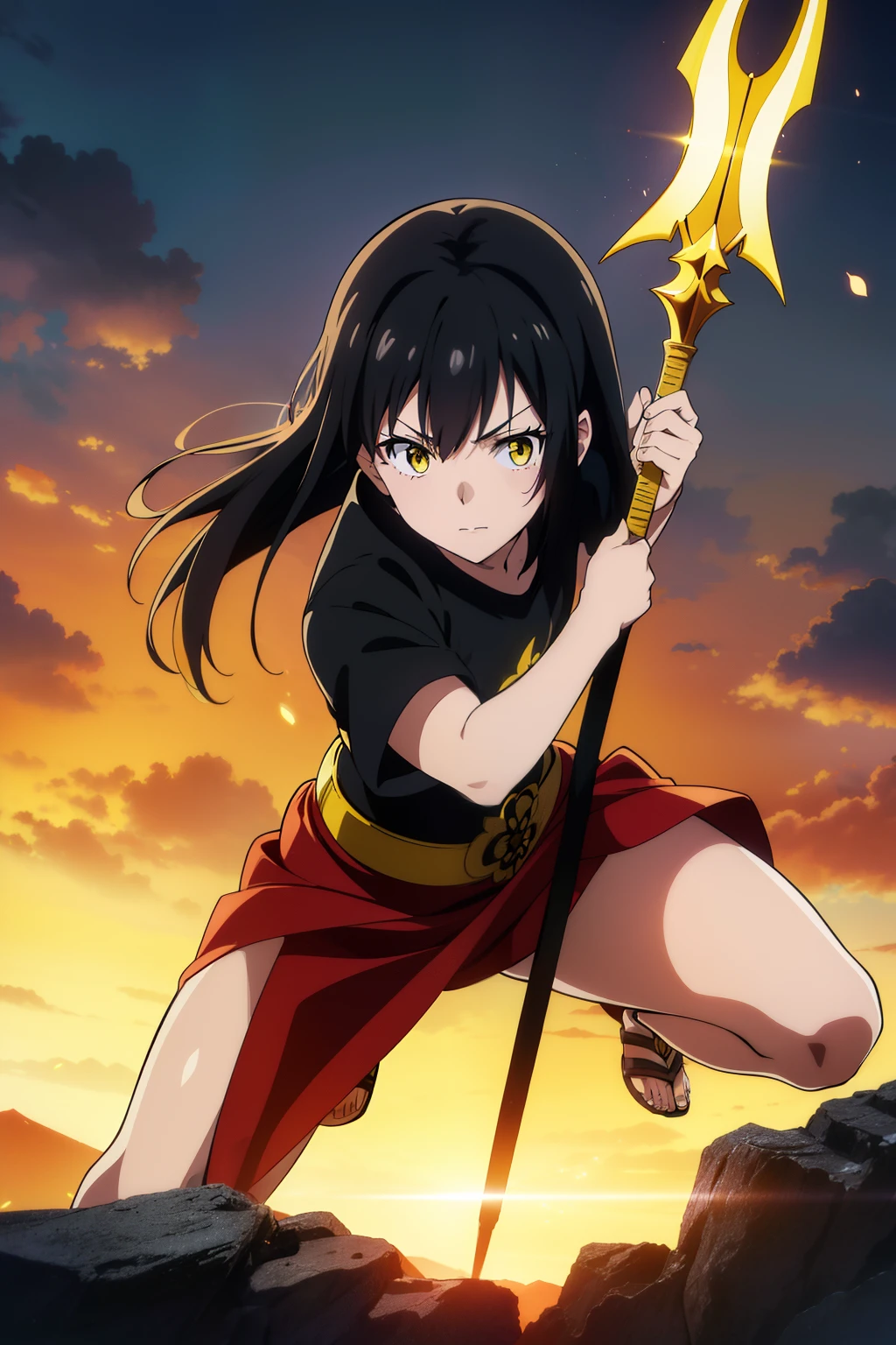 (Best Quality, masutepiece, High resolution, anime screen cap, anime colours, offcial art, black hair, yellow eyes, female warrior, spear