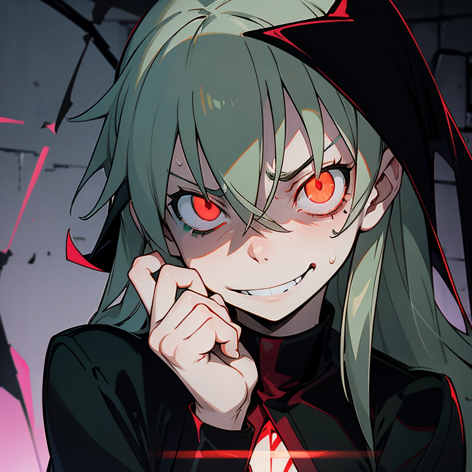 Maka Albarn possessed by Al Capone, glowing red eyes, small breast, evil smirk, happy, looking down at hands, sweating, sitting in a dark alley,