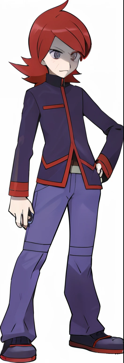 Japanese young man with pale skin, red eyes, long red hair with flared ends and an ahoge, has a dark blue jacket with red lining trailed in the edges and zipper part, and faded purple pants with dark blue and black boots with red trailed on the edges.