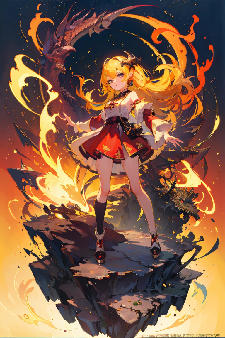 (masterpiece、top-quality、Official art:1.2)、Look at viewers、((a girl and a dragon))、Golden hair,A girl called Emperor Flame、Dragon sculpture、mysterious wind,floating colorful lights、(2D:1.5)